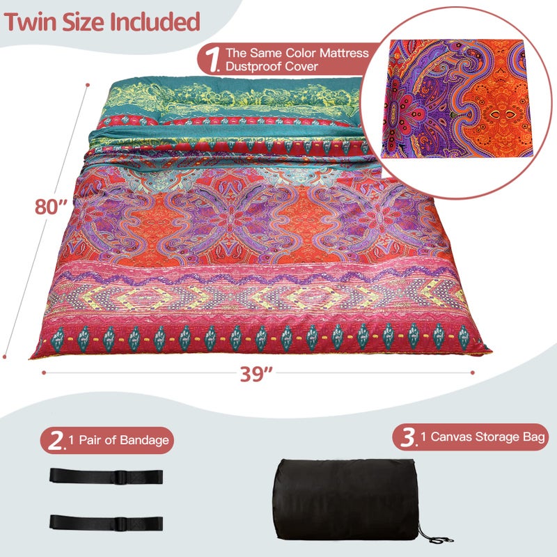 MAXYOYO Bohemian Retro Mattress Boho Floral Style Japanese Futon Mattress Tatami Floor Mat Foldable Lounger Portable Camping Sleeping Pad Couch Bed Twin Size - Image 3